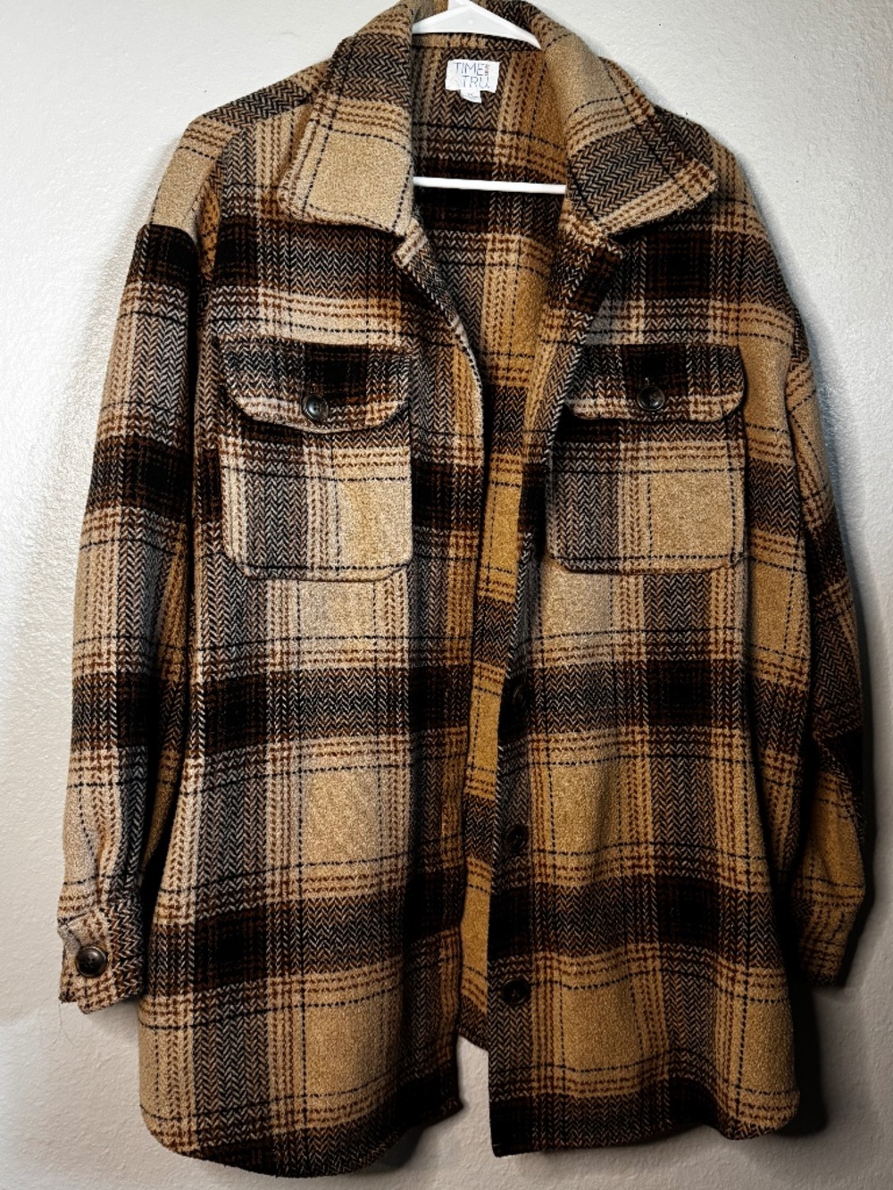 Time & Tru Brown, Black, and Tan Plaid Fall Flannel Button Down Jacket